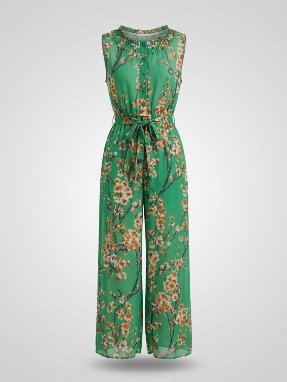 Green Floral Print Ruffled Neckline Button-up Front Tie-Waist Jumpsuit